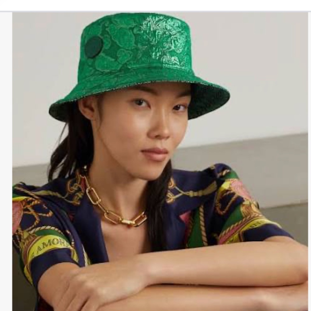 Gucci NWT Women's Reversible Leather-Trimmed Brocade Bucket Hat green MEDIUM
